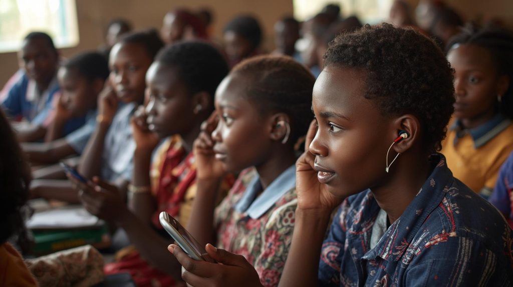 Create a photorealistic image depicting Ugandan individuals using captioning apps and cochlear implant apps to improve hearing. Show diverse individu